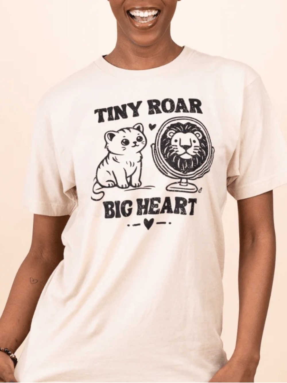 Cat Lady Box Tan & Black TINY ROAR BIG HEART Tee - Size Medium